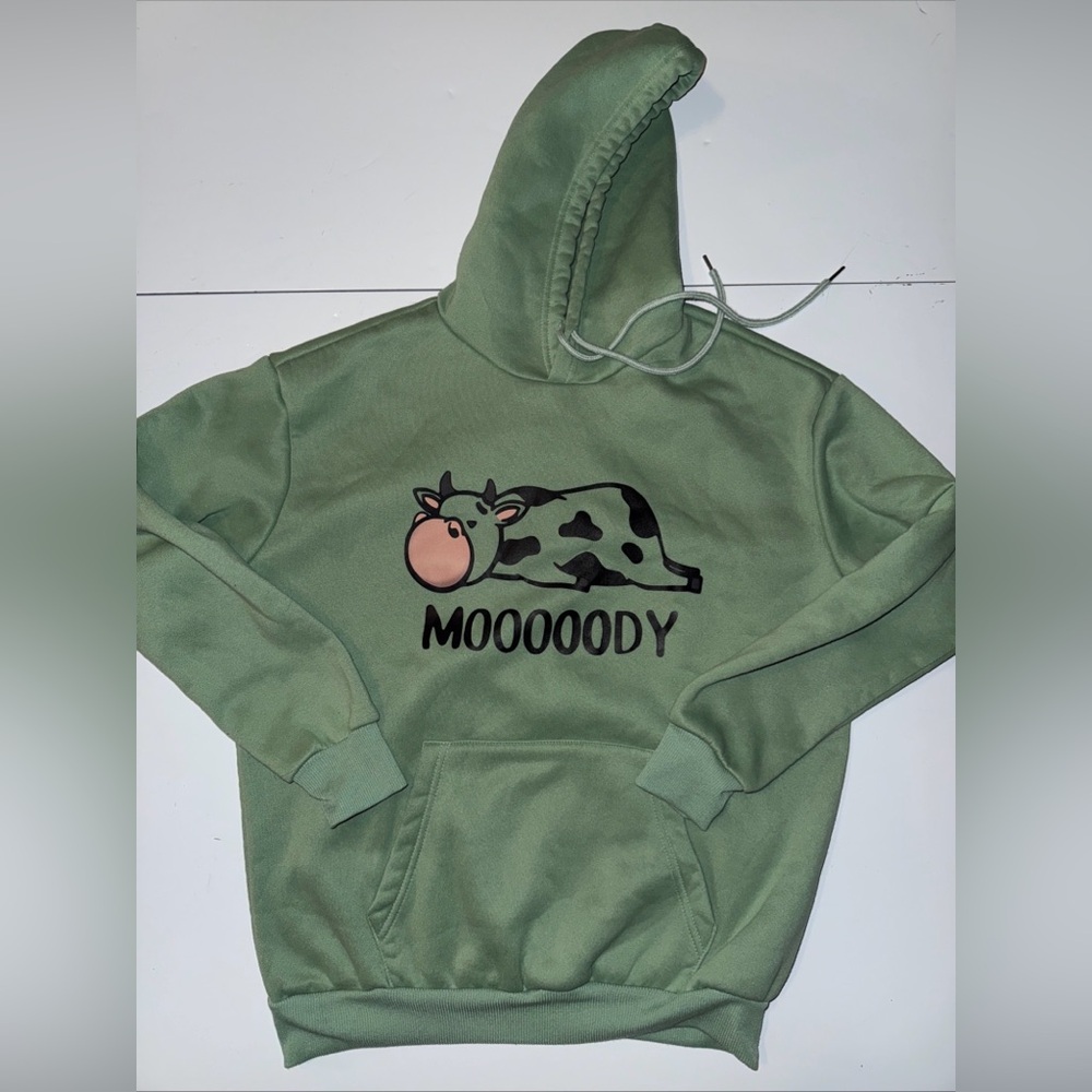 Mooooody Moody Cow Green Unisex Hoodie Size Small